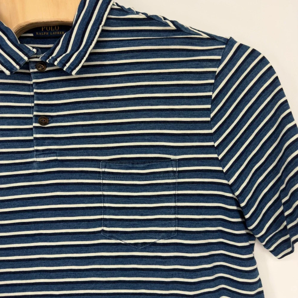 NWOT Polo Ralph Lauren Men XL Blue White Striped Cotton Jersey Pocket Polo Shirt